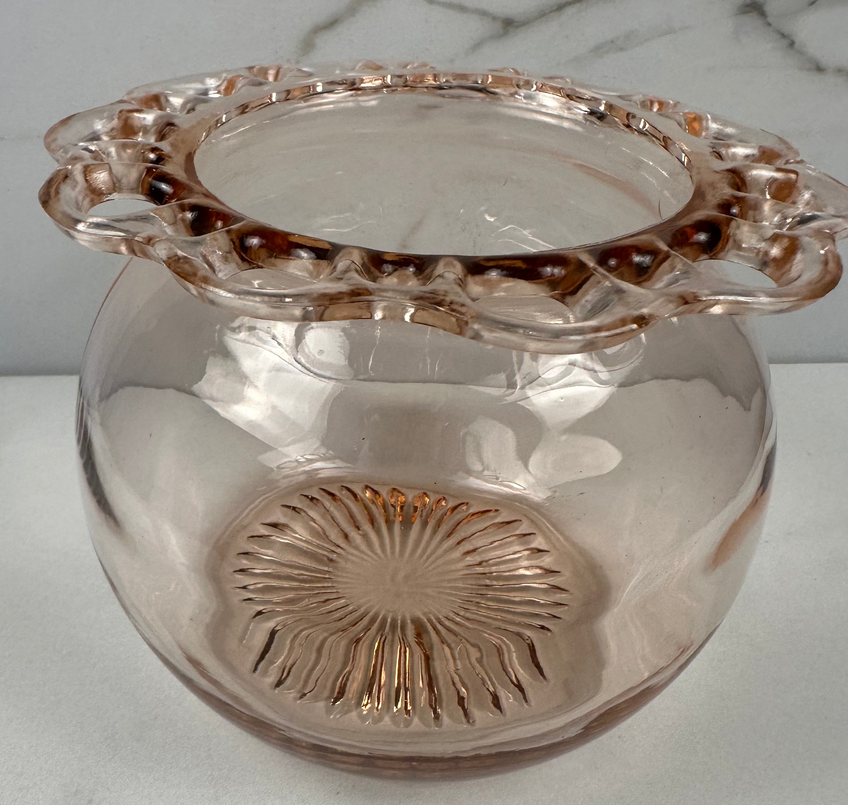 Pink Depression Glass Globe Bowl  -  "Old Colony Open Lace” Anchor Hocking | 1935- 1938