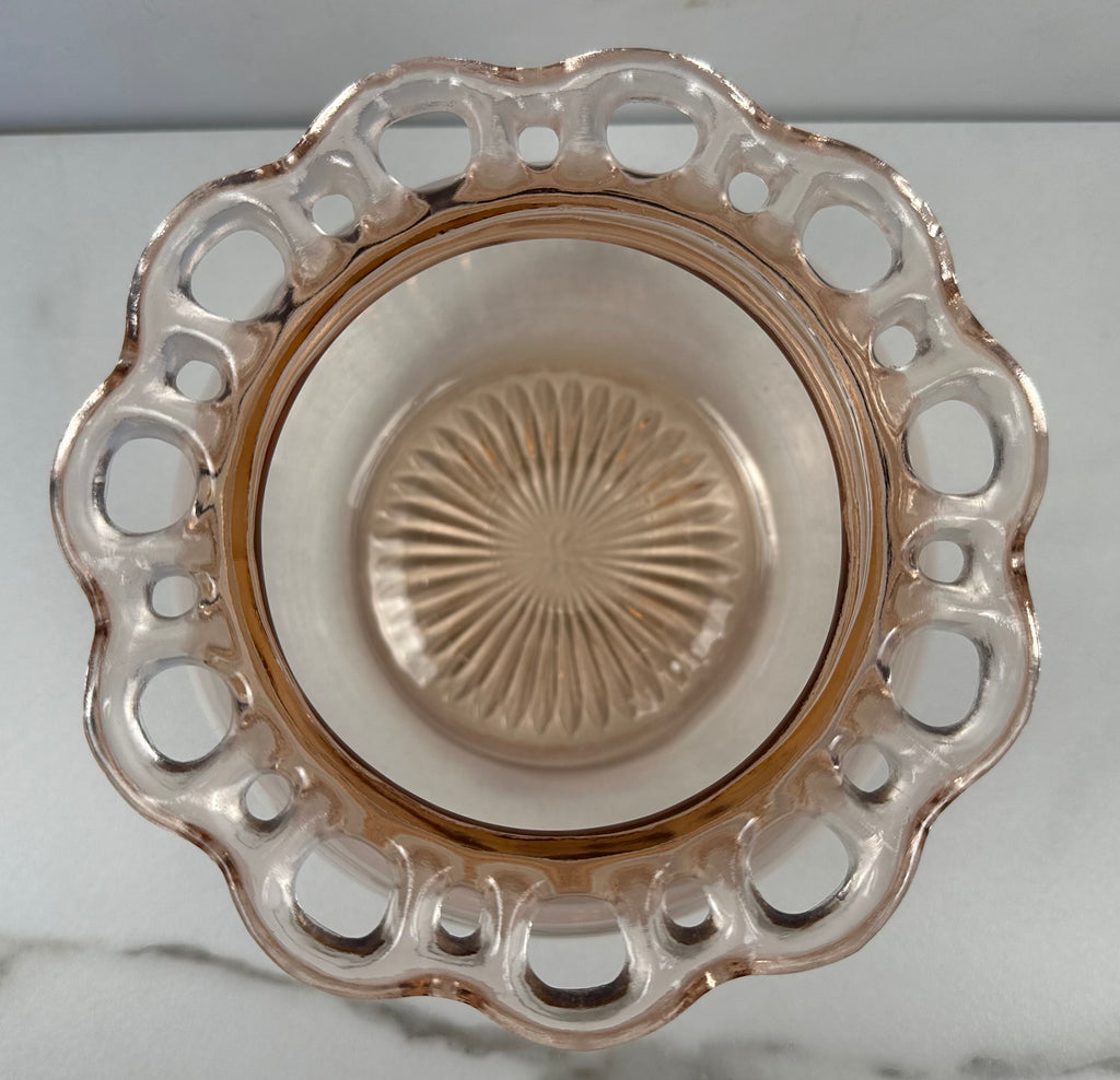 Pink Depression Glass Globe Bowl  -  "Old Colony Open Lace” Anchor Hocking | 1935- 1938