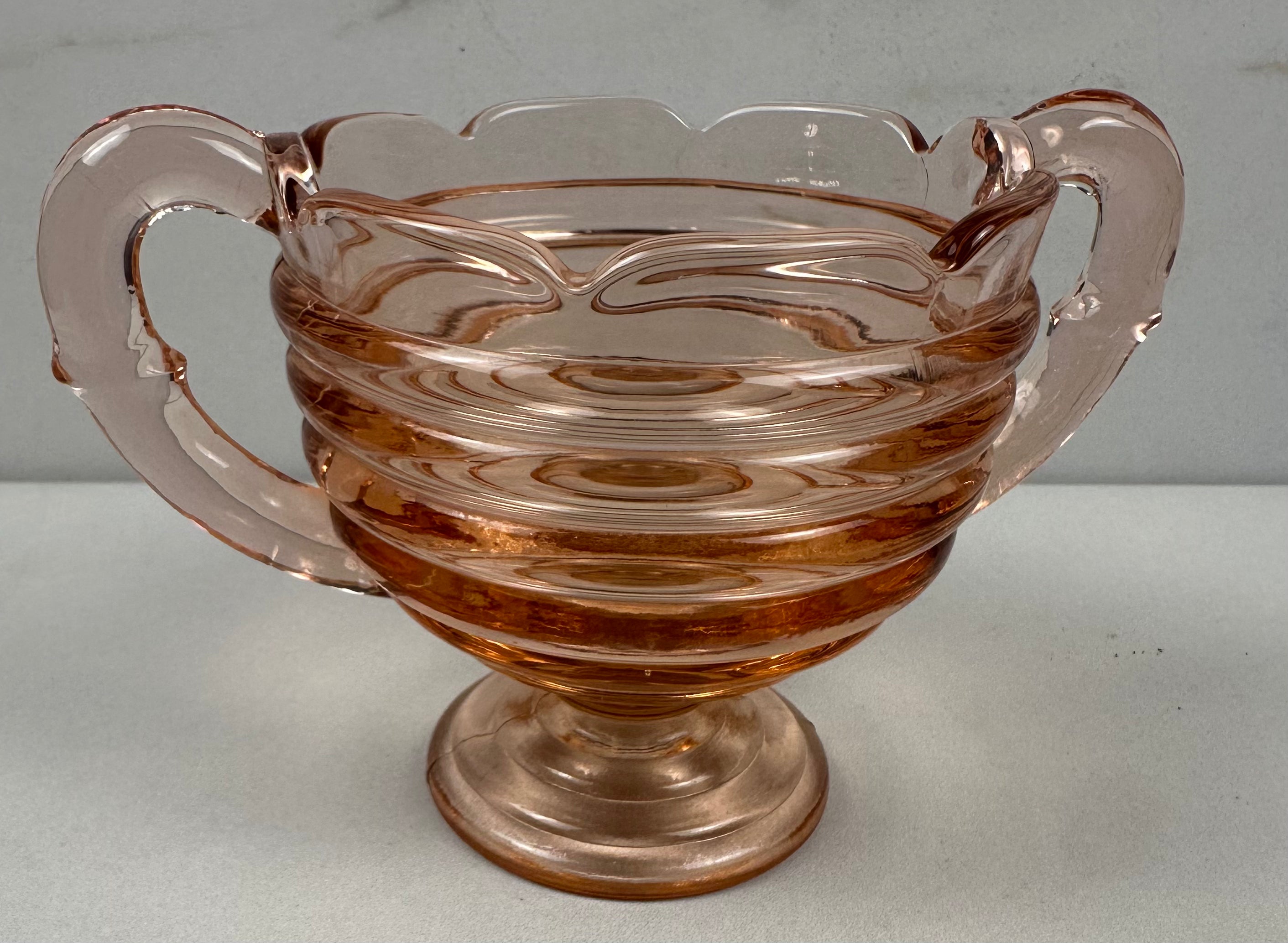 Pink Depression Glass Sugar bowl with a Pedestal Base and Handles - “Manhattan” Anchor Hocking | 1938- 1943