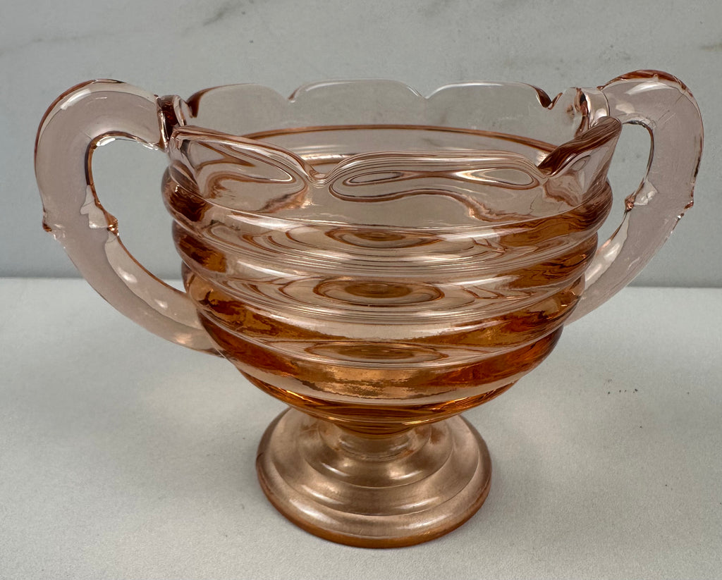 Pink Depression Glass Sugar bowl with a Pedestal Base and Handles - “Manhattan” Anchor Hocking | 1938- 1943