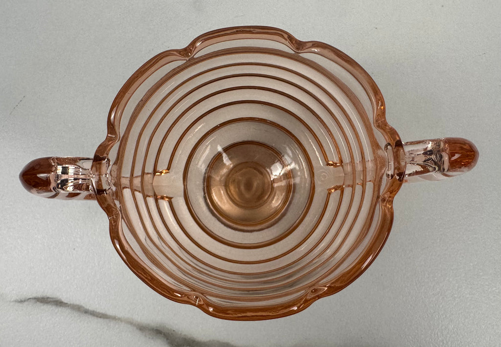 Pink Depression Glass Sugar bowl with a Pedestal Base and Handles - “Manhattan” Anchor Hocking | 1938- 1943