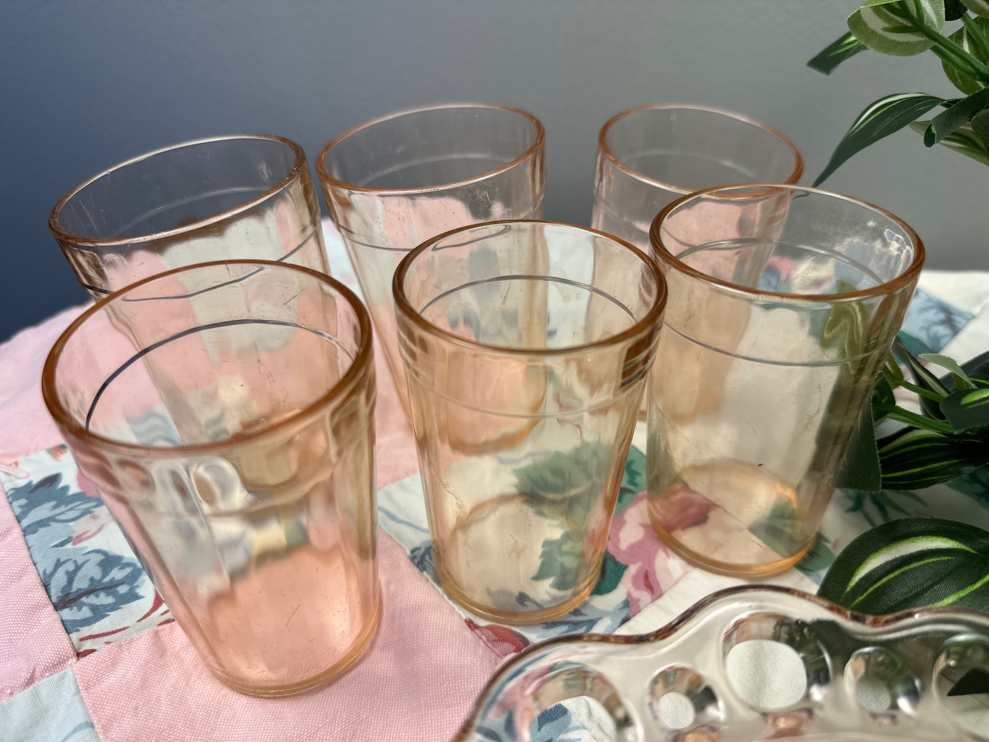 Pink Depression Glass 6 oz Glass - Banded  - “Pink Optic” Hazel Atlas |