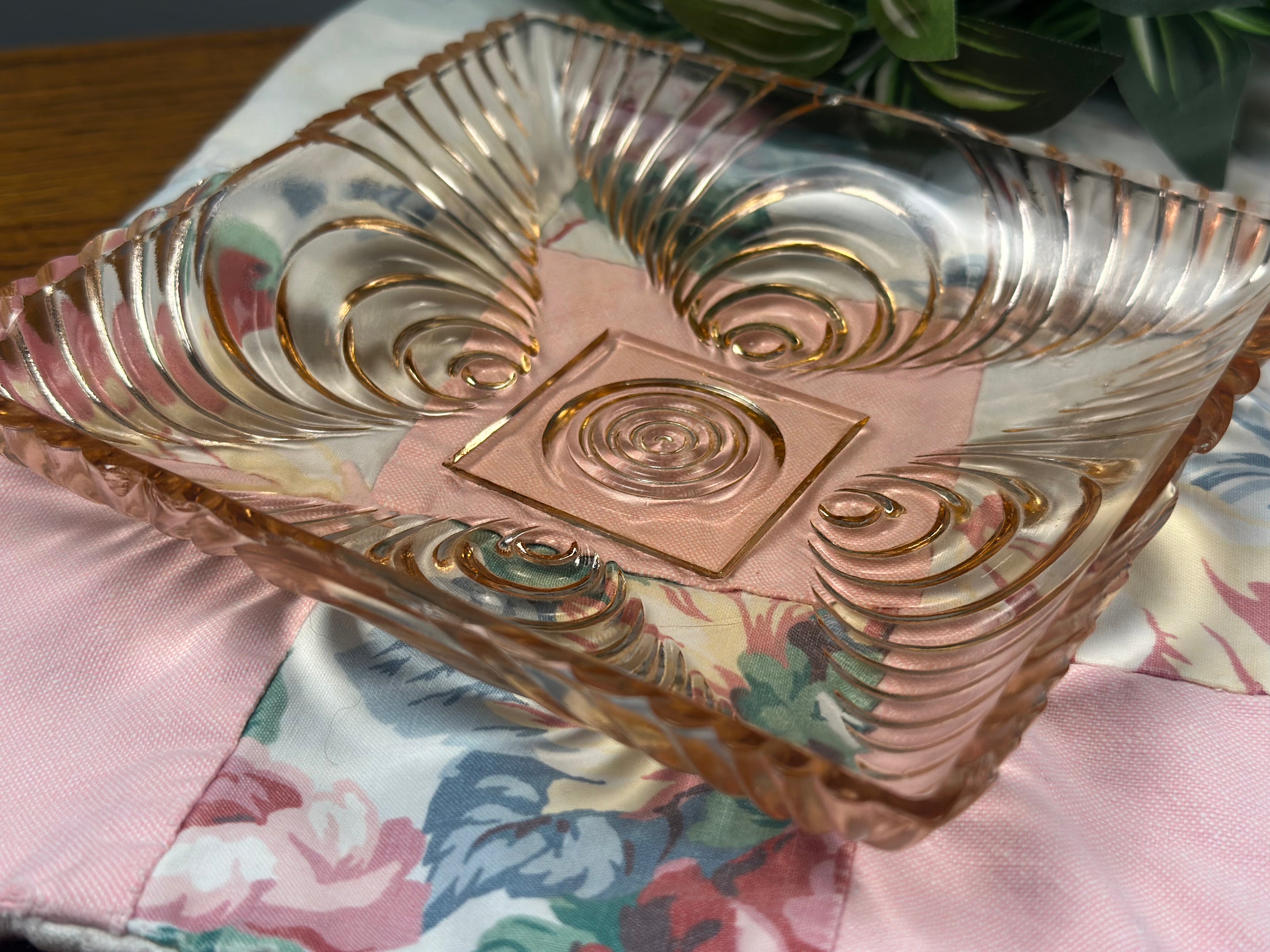 Pink Depression Square Candy Dish- “Soundwave” Hazel Atlas| 1936-1939