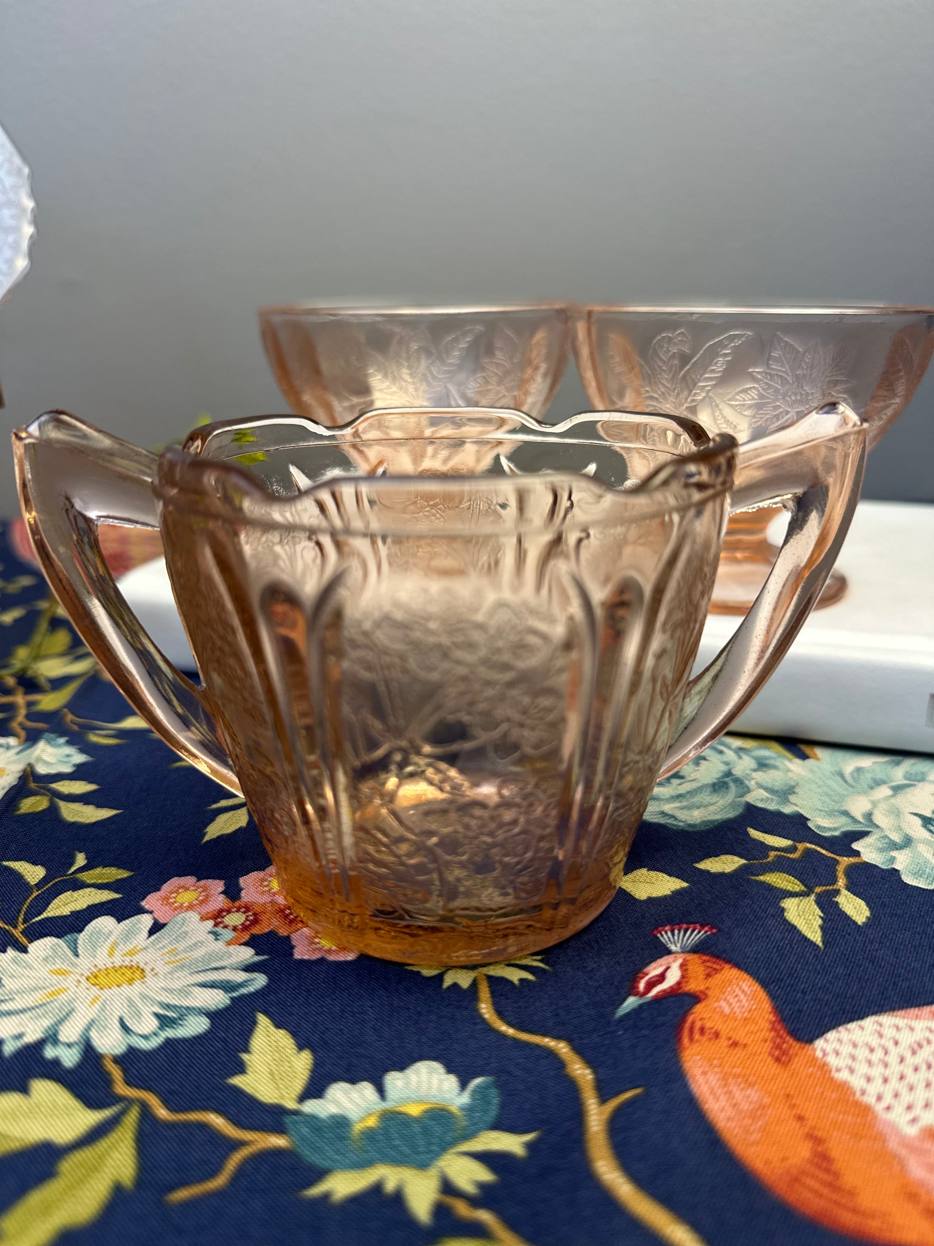 Pink Depression Glass  Open Sugar Bowl- “Cherry Blossom”  Jeanette Glass Co | Circa 1930-1939