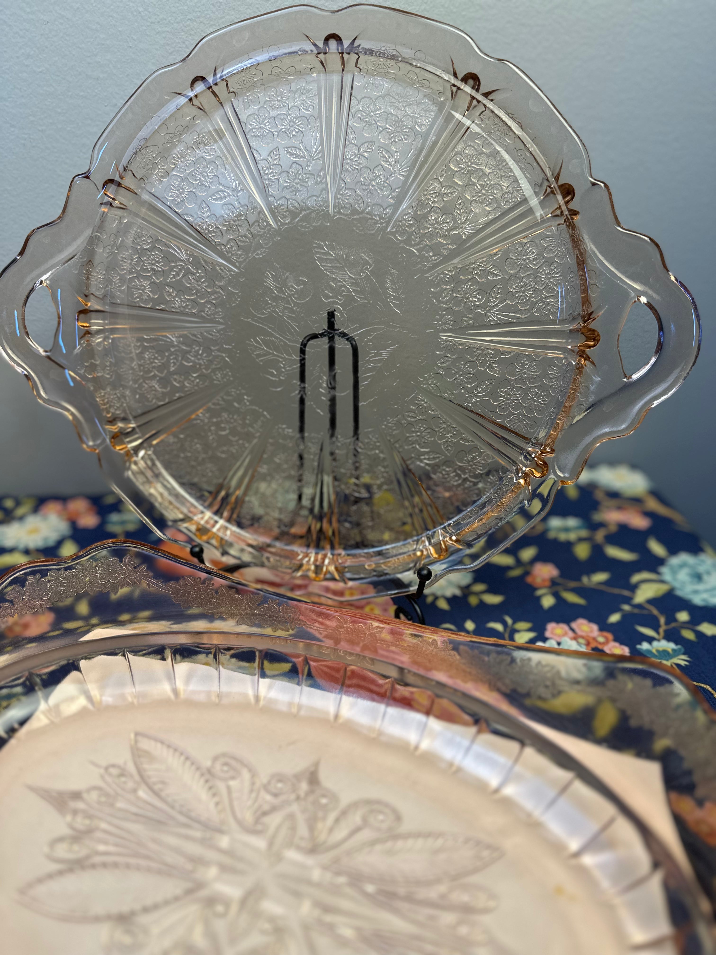 Pink Depression Glass 10 inch Cake Plate -  “Mayfair Open Rose”  Anchor Hocking  | Circa 1931-1937