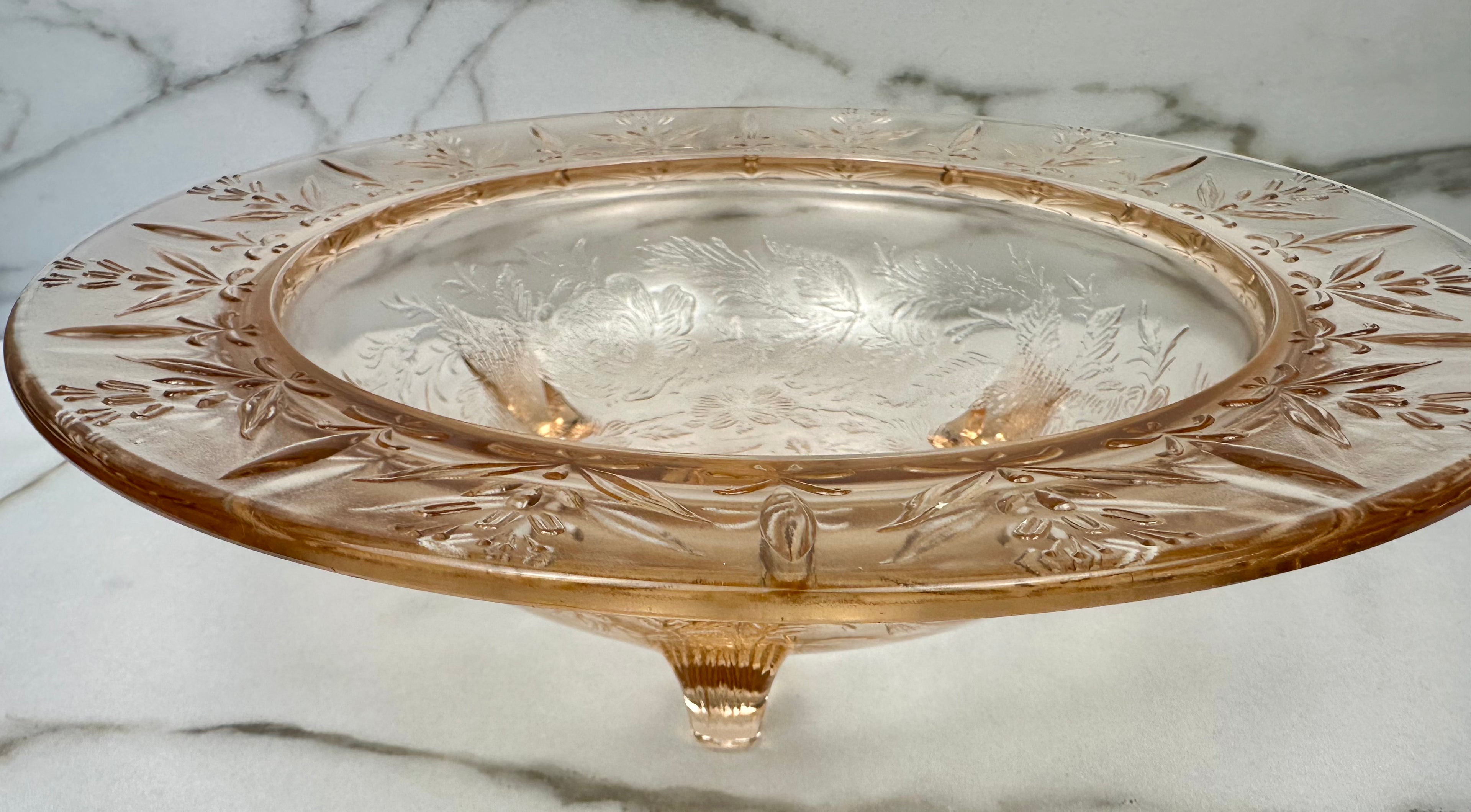 Pink Depression Glass 11 inch Footed Bowl -  “Rose and Thorn “  U.S.  Glass Co. | Circa 1936-1942