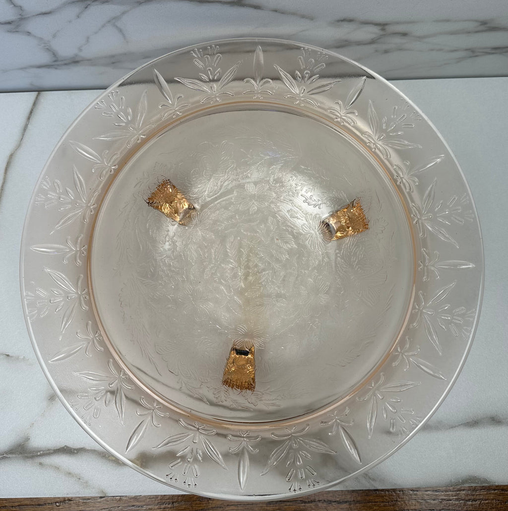 Pink Depression Glass 11 inch Footed Bowl -  “Rose and Thorn “  U.S.  Glass Co. | Circa 1936-1942
