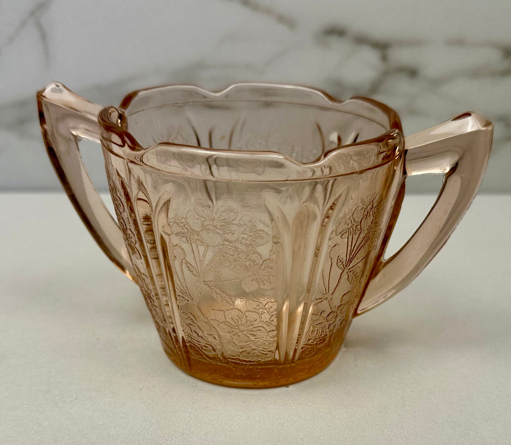 Pink Depression Glass  Open Sugar Bowl- “Cherry Blossom”  Jeanette Glass Co | Circa 1930-1939