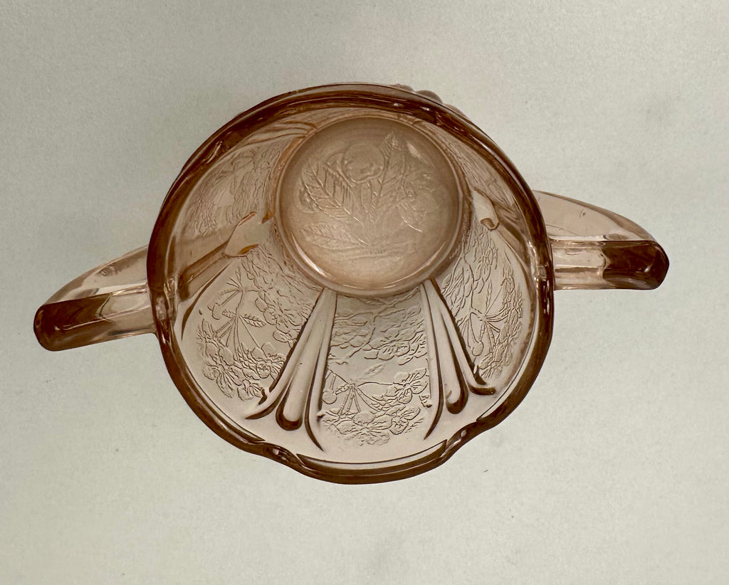Pink Depression Glass  Open Sugar Bowl- “Cherry Blossom”  Jeanette Glass Co | Circa 1930-1939