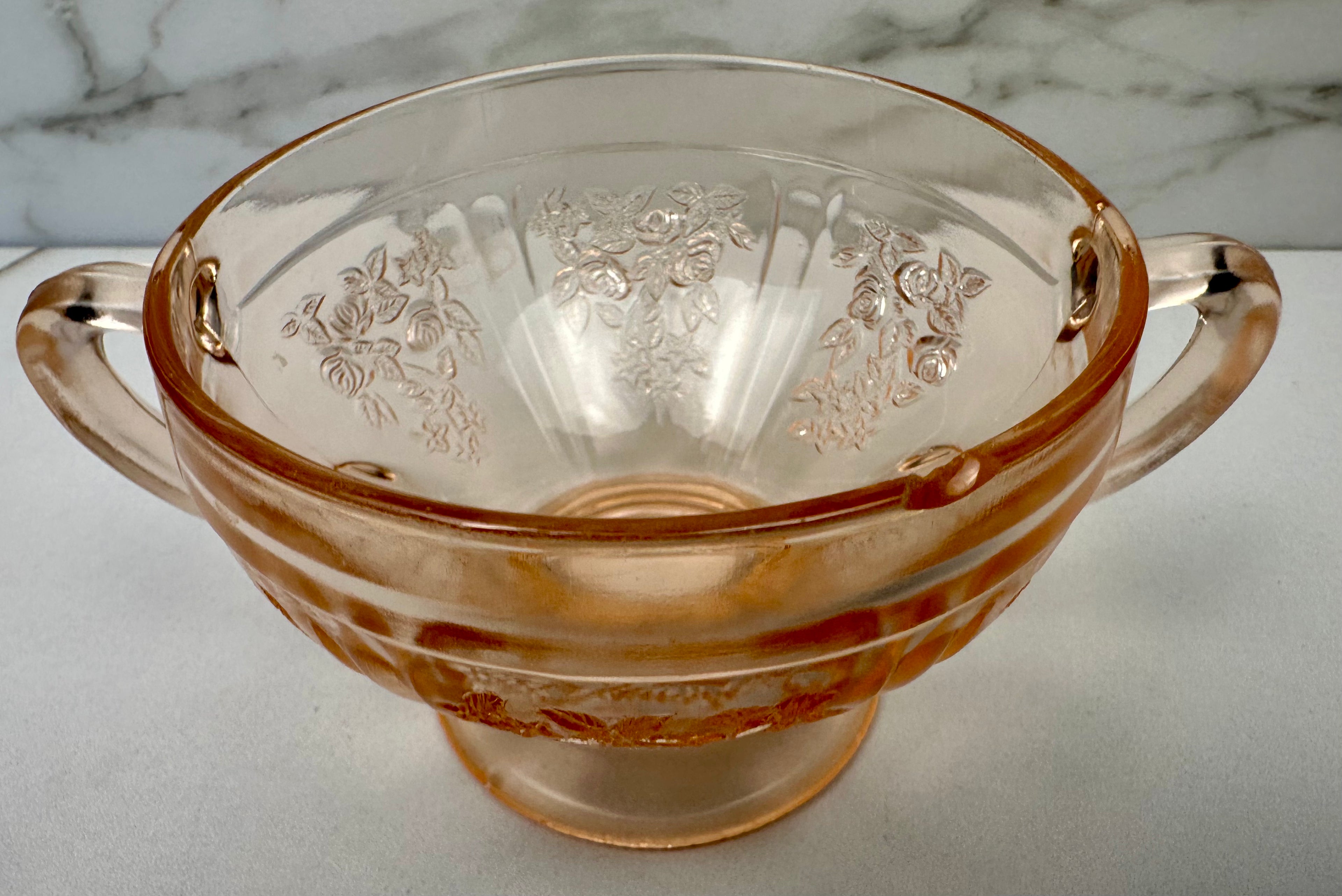Pink Depression Glass Footed Open Sugar Bowl - “Sharon /Cabbage Rose”  Federal Glass | Circa 1935-1939