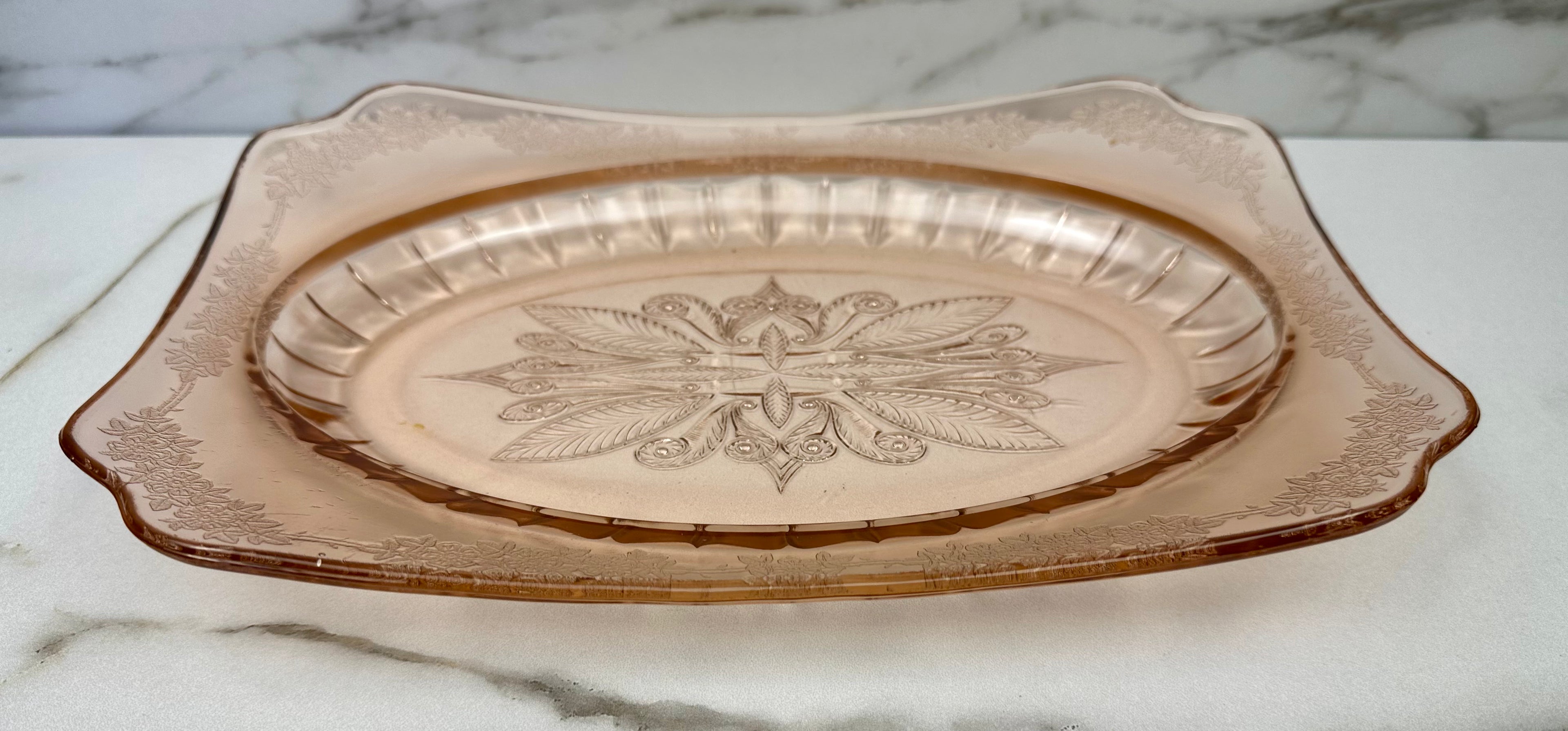 Pink Depression Glass Oblong Rectangle Platter  -  “Adam” Jeannette Glass | Circa 1932-1934 Jeannette Glass