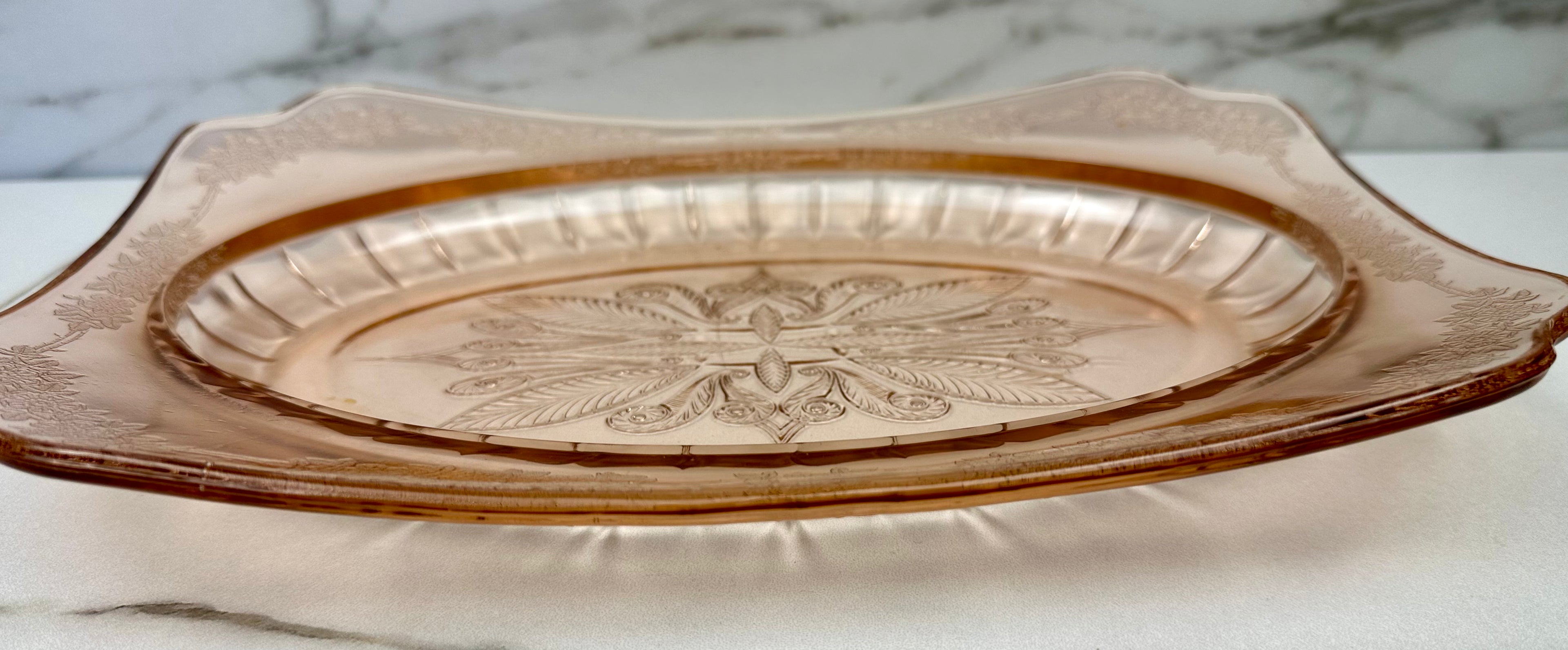 Pink Depression Glass Oblong Rectangle Platter  -  “Adam” Jeannette Glass | Circa 1932-1934 Jeannette Glass