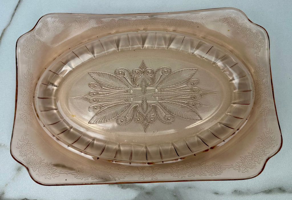 Pink Depression Glass Oblong Rectangle Platter  -  “Adam” Jeannette Glass | Circa 1932-1934 Jeannette Glass