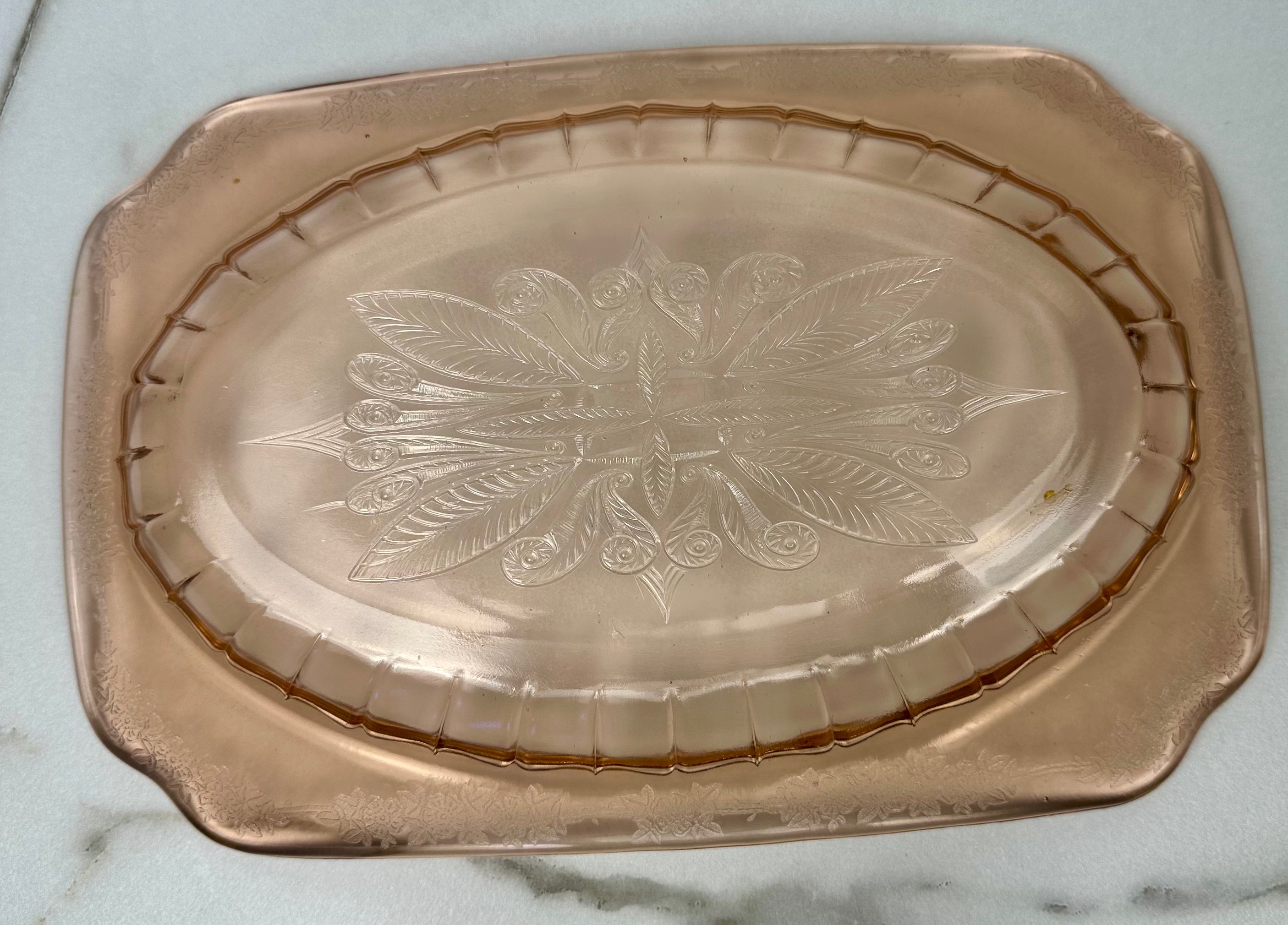 Pink Depression Glass Oblong Rectangle Platter  -  “Adam” Jeannette Glass | Circa 1932-1934 Jeannette Glass